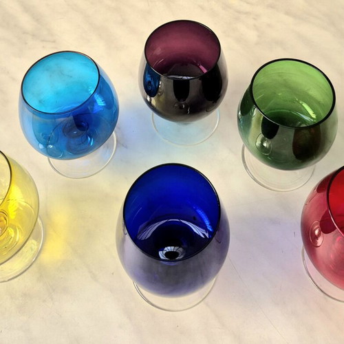 Vintage set of 6 colored balloon cognac glasses used