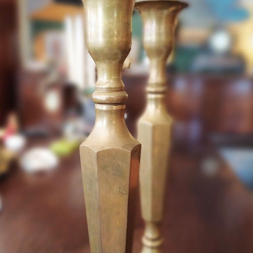 Brass Candlesticks Set like new with Geometric Design
