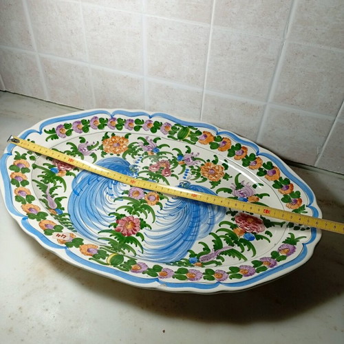 Oval Greek handmade ceramic platter with peacock design like new