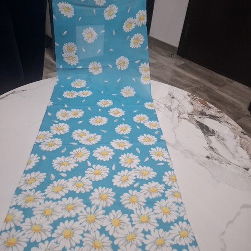 Vintage blue long scarf with daisies and polka dot detail, like new