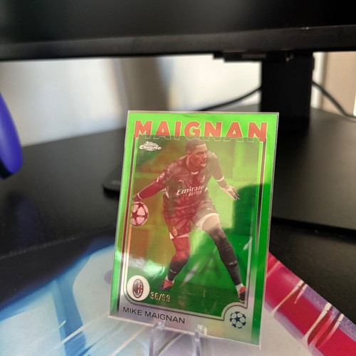 Mike Maignan 2024-25 Topps Chrome UEFA Club Competitions Green Refractor card near mint