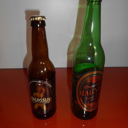 Colossus and Magnus beer bottles and caps used, set of 2 from Rhodian Brewery