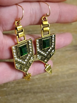 Vintage Art Deco women's stainless steel earrings with emerald imitation stone new