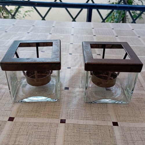 Set of square glass decorative tealight lanterns with dark metal frame