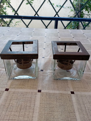 Set of square glass decorative tealight lanterns with dark metal frame