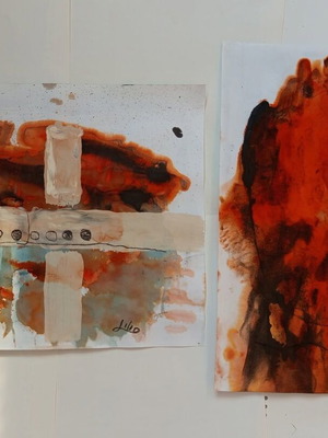 Lot of 2 abstract paintings on paper The plane and the monster, new