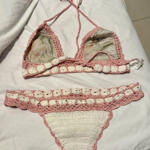 Crochet bikini set Art Love Knitwear size L used, pink and white