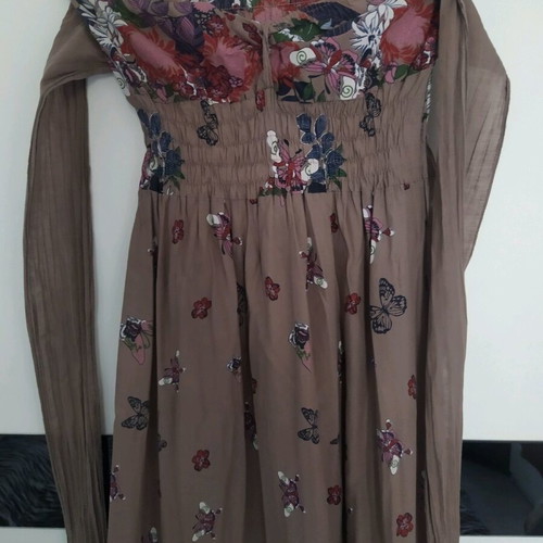 Long strapless dress like new, brown with colorful floral and butterfly patterns, sizes S/M