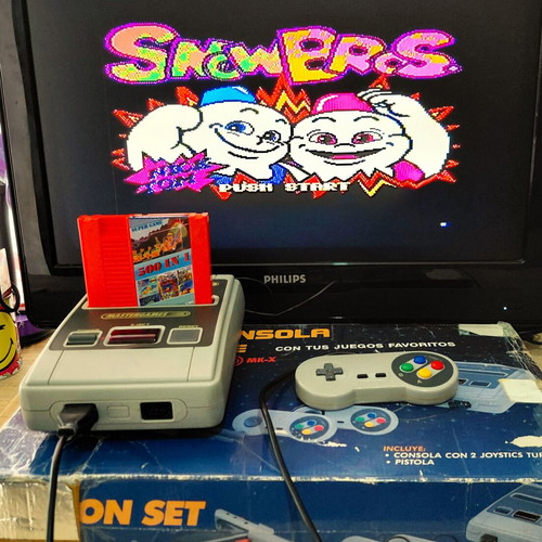 Retro game console used, complete with cartridge and controller