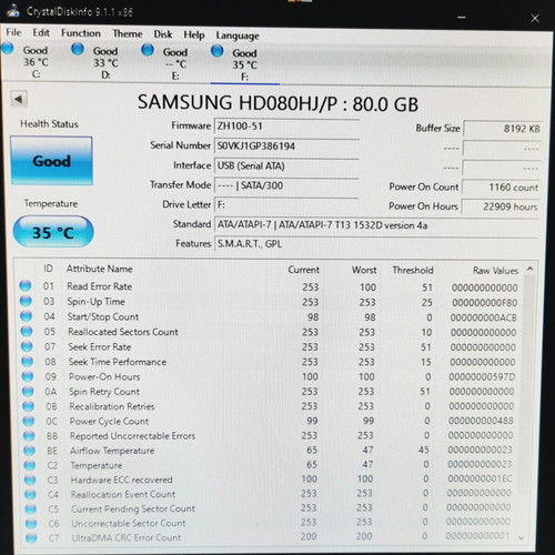 Samsung HD080HJ 80GB Serial ATA μεταχειρισμένος σκληρός δίσκος