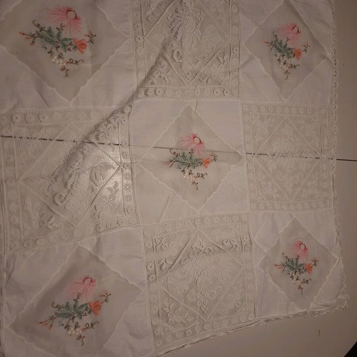 Embroidered tablecloth like new square with lace 87 cm