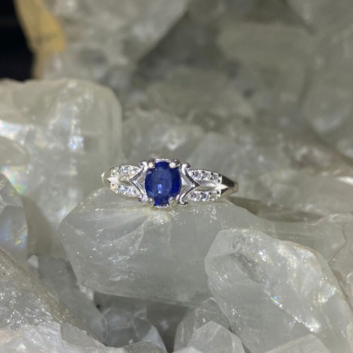 Handmade silver ring with natural blue sapphire and moissanites size 8