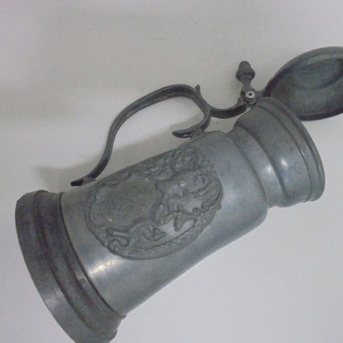 Old zinc beer stein with lid, vintage collectible