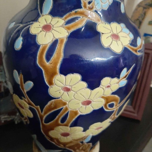 Chinese vase used, large with embossed blue decoration