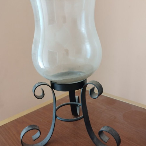 Glass candlestick with metal base, like new, 30x20 cm