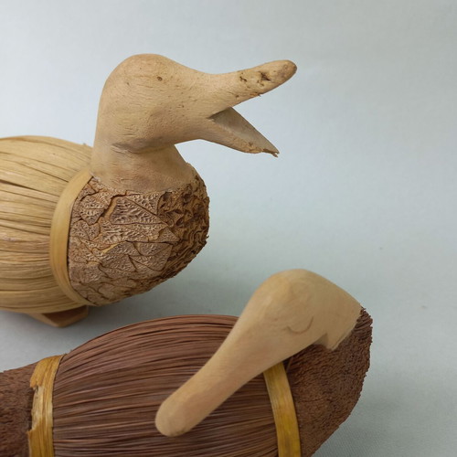 Set of handmade decorative wicker ducks used