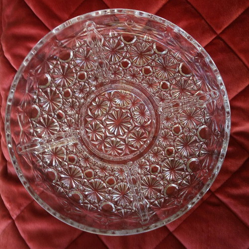 Crystal round serving platter with five sections and intricate embossed design, new