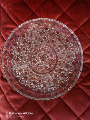 Crystal round serving platter with five sections and intricate embossed design, new