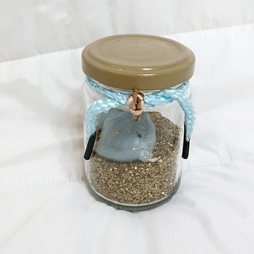 Decorative jar with candle fish and golden sand