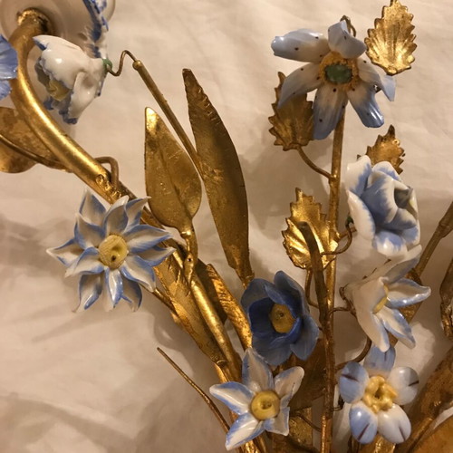 Antique wall lights used, set of 2 with porcelain flowers