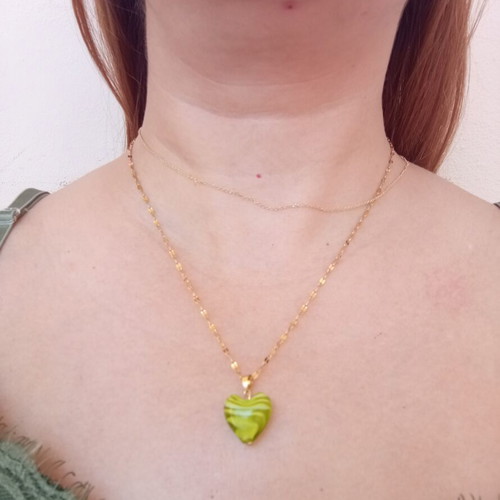 Handmade necklace with green glass heart and steel chain