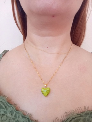 Handmade necklace with green glass heart and steel chain