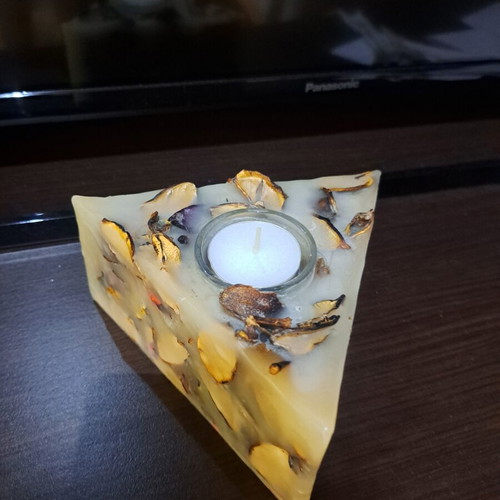 Triangle Candle with Glass Holder and Dried Leaves, Like New