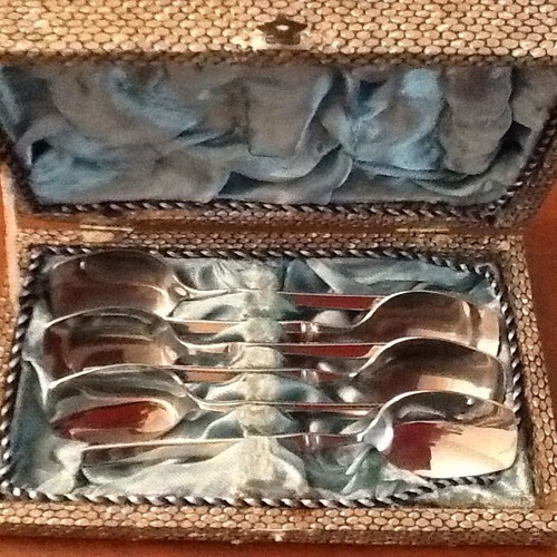 Silver-plated dessert spoons new, set of 6 in 1970 vintage case