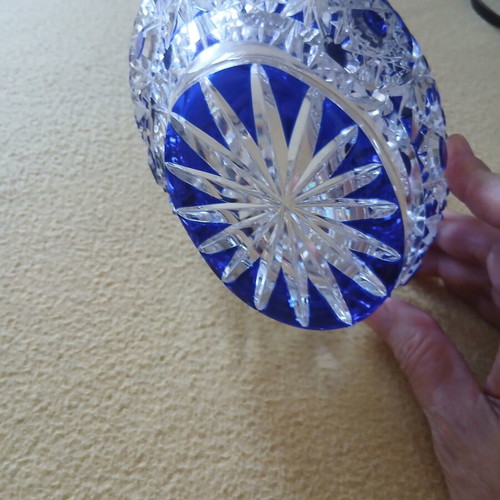 Bohemian crystal basket with cobalt blue cut-to-clear design