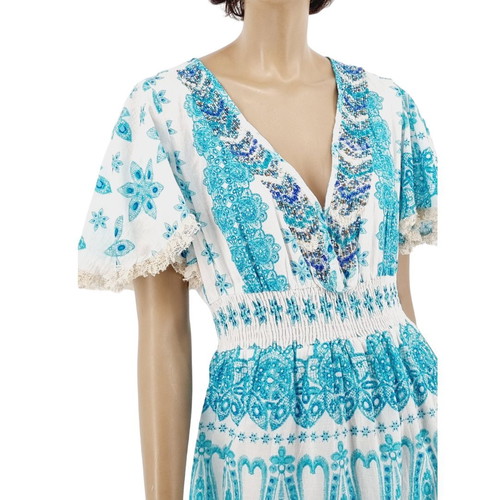 Long turquoise white dress new, 100% cotton with lace Positano