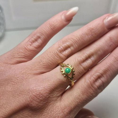 Stainless Steel Eye Ring with Enamel in Gold and Green