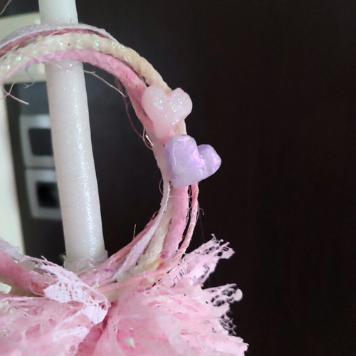 Easter candle handmade with wreath and pom poms, new