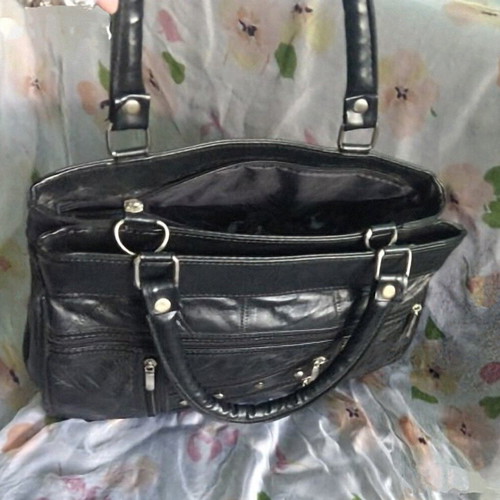 Ergonomic women's leather bag used, black, patchwork design