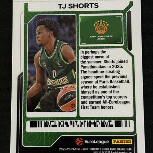 Panini Euroleague Contenders 2025-26 TJ Shorts card Panathinaikos