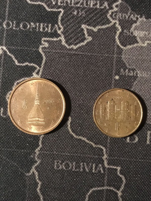 Italy coin set used, 2 cents 2010 and 1 cent 2007