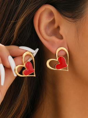 Gold heart earrings with red detail new