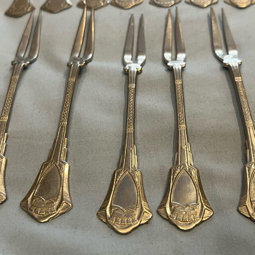 Art Deco gold-plated fruit fork set USSR 1970s, like new