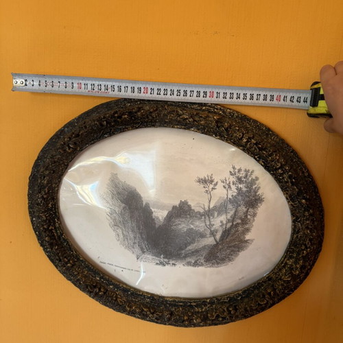 Vintage oval frame with used reproduction of W. Linton's 1842 chalcography Piada