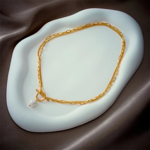 Double Stainless Steel Necklace with Baroque Pearl and 18K Gold Toggle Clasp new