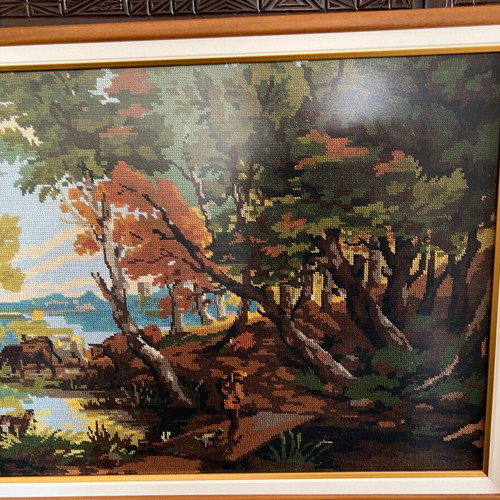 Textile painting used with rural landscape and matte glass