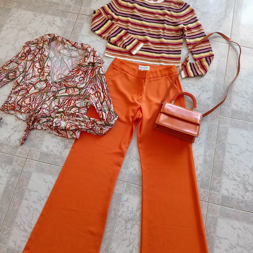 Zara multicolor striped blouse with orange pants and bag set