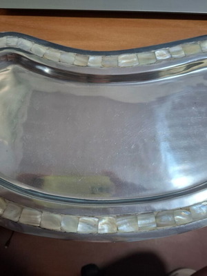 Decorative metal kidney-shaped tray with shell inlay like new