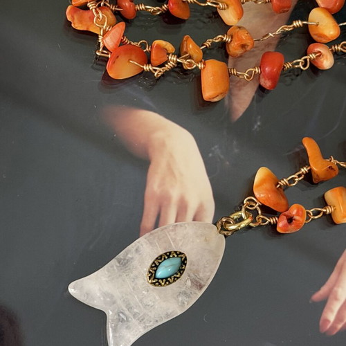 Handmade necklace with coral, copper
