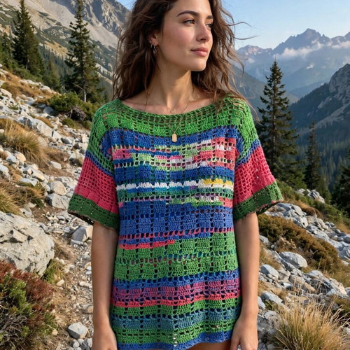 Handmade multicolor crochet cotton blouse one size