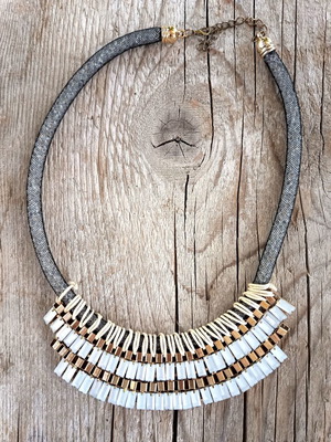 Statement necklace ethno industrial style like new, white and gold