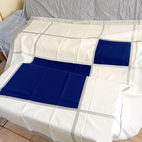 Tablecloth new cotton white with silver stripes and blue spots
