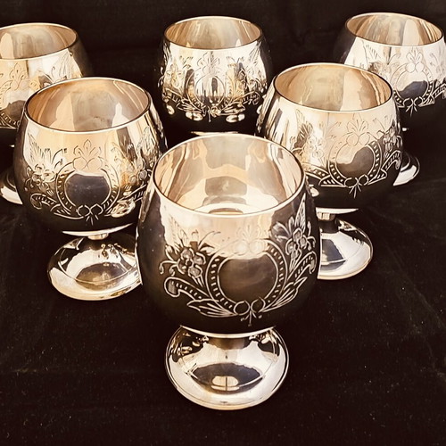Brandy Goblets vintage set of 6 with handmade floral engravings EPNS