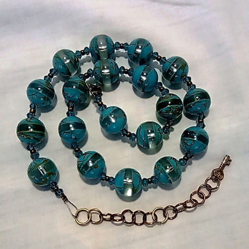 Boho Summer Choker Necklace with Large Striped Turquoise Glass Beads 44cm + 7cm