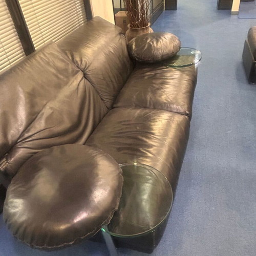 Leather living room set used, sofa, armchair and pouf