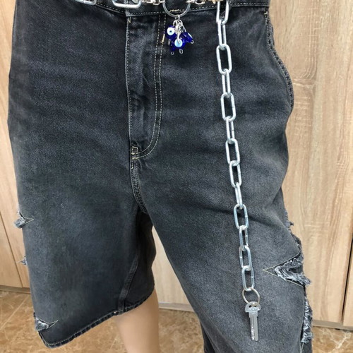 Silver Chunky Paperclip Chain Belt with Evil Eye and Key Charms Y2K Grunge